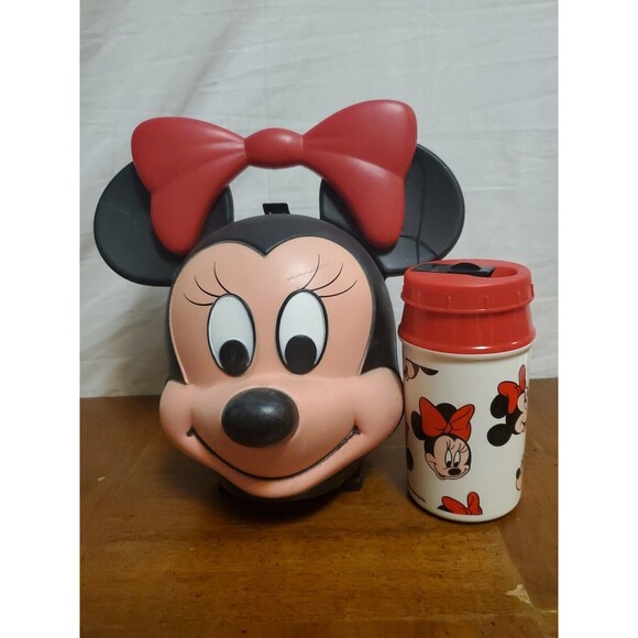 Minnie Mouse Head Walt Disney 80s Aladdin Plastic Lunch Box & Thermos Vintage - Picture 1 of 5
